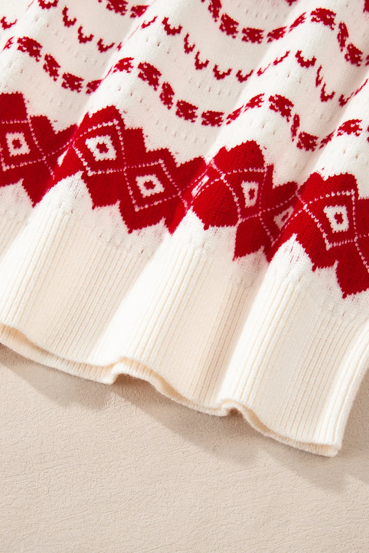DLLS745 - Ladies White Western Geometric Patterned Crew Neck Loose Sweater