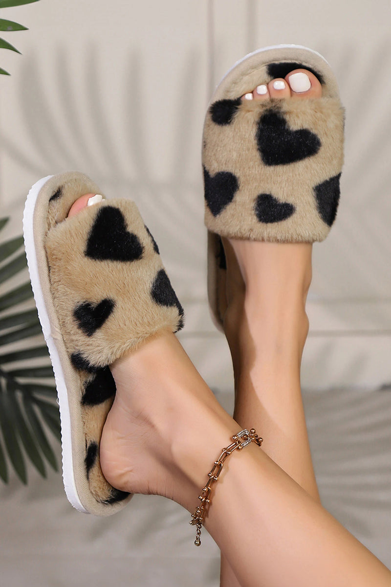 Load image into Gallery viewer, DLLSHOE 179 - Light French Beige Plush Heart-shape Spots Printed Open Toe Slippers
