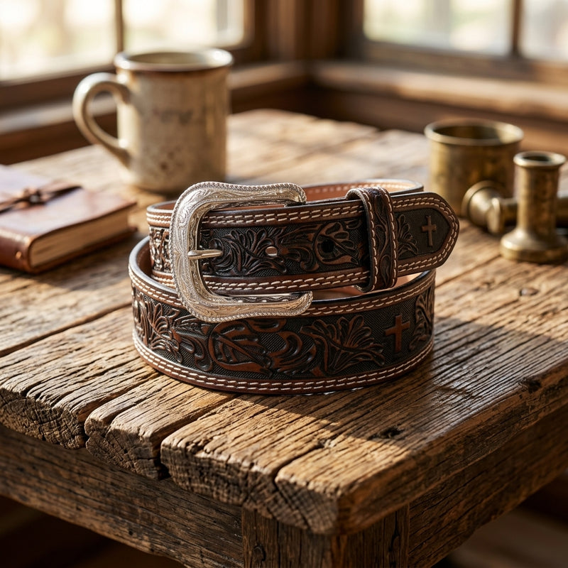 Load image into Gallery viewer, 2725 - Men's Brown Belt With Floral &amp; Cross Tooling
