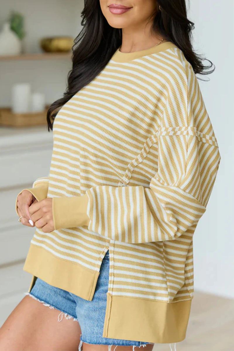 Load image into Gallery viewer, DLLS812 - Ladies Khaki Stripe Textured Knit Color Block Trim Split Hem Long Sleeve Top
