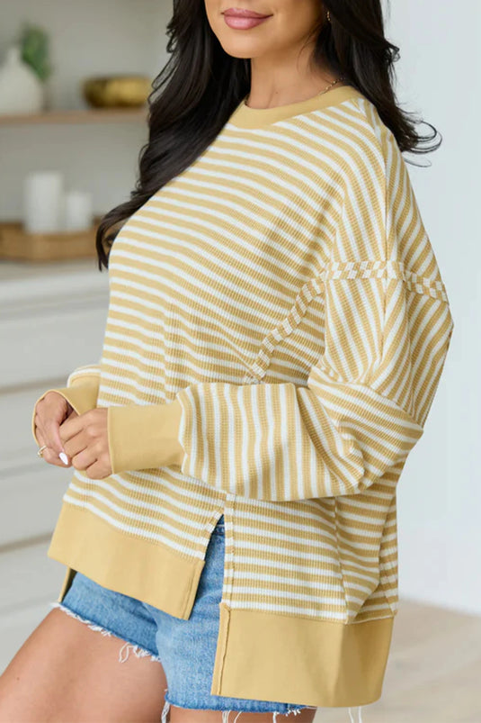 DLLS812 - Ladies Khaki Stripe Textured Knit Color Block Trim Split Hem Long Sleeve Top