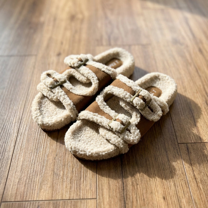 Load image into Gallery viewer, DLLSHOE 145 - Chestnut Faux Suede Sherpa Patchwork Double Buckle Hollowed Open Toe
