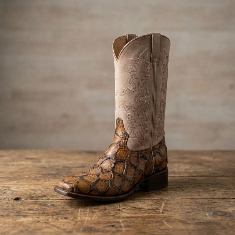Load image into Gallery viewer, CP5015 - Cowboy Prayer Hand Crafted Golden Brown Pirarucu Print Cowboy Boots
