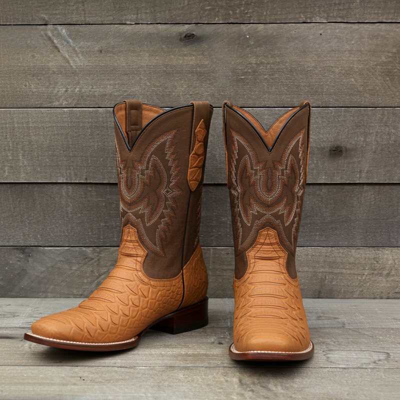 Load image into Gallery viewer, CP1708 - Cowboy Prayer Hand Crafted Tan Python Print Cowboy Boots
