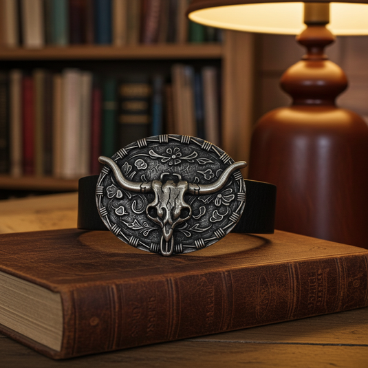 RLB508 - RockinLeather Nickle W/Black Underlay Steer Head Belt Buckle