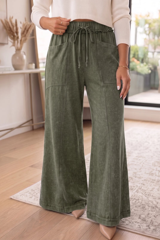 DLLS1028 - Ladies Jungle Green Mineral Wash Seam Detail Flare Leg Drawstring Pants