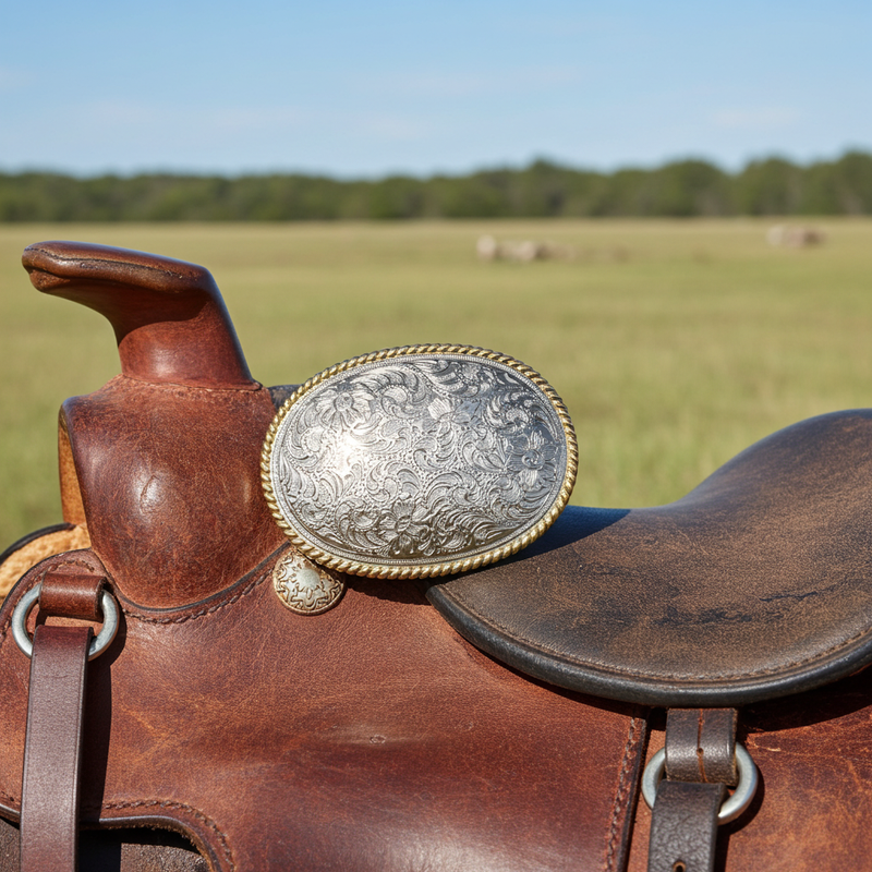 Load image into Gallery viewer, RLB501 - RockinLeather Silver Scrolled Oval Buckle with Gold Edge
