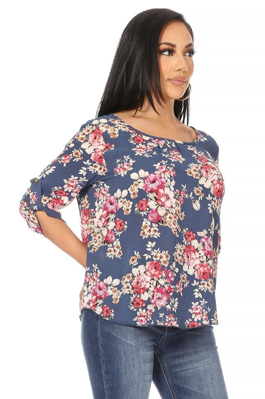MOATSHT13 - Ladies Slate Blue Floral Print, Round Neck Top