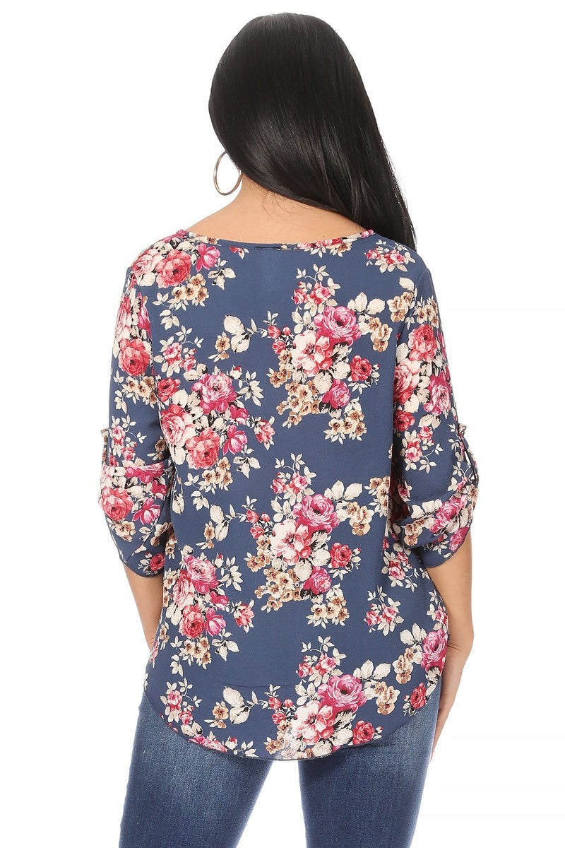 Load image into Gallery viewer, MOATSHT13 - Ladies Slate Blue Floral Print, Round Neck Top
