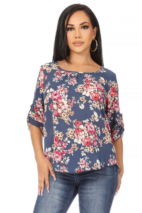 MOATSHT13 - Ladies Slate Blue Floral Print, Round Neck Top