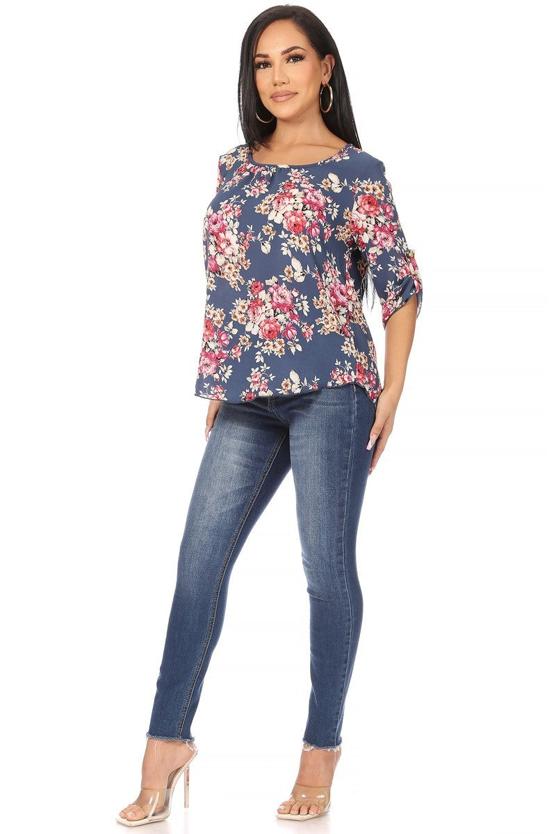 Load image into Gallery viewer, MOATSHT13 - Ladies Slate Blue Floral Print, Round Neck Top
