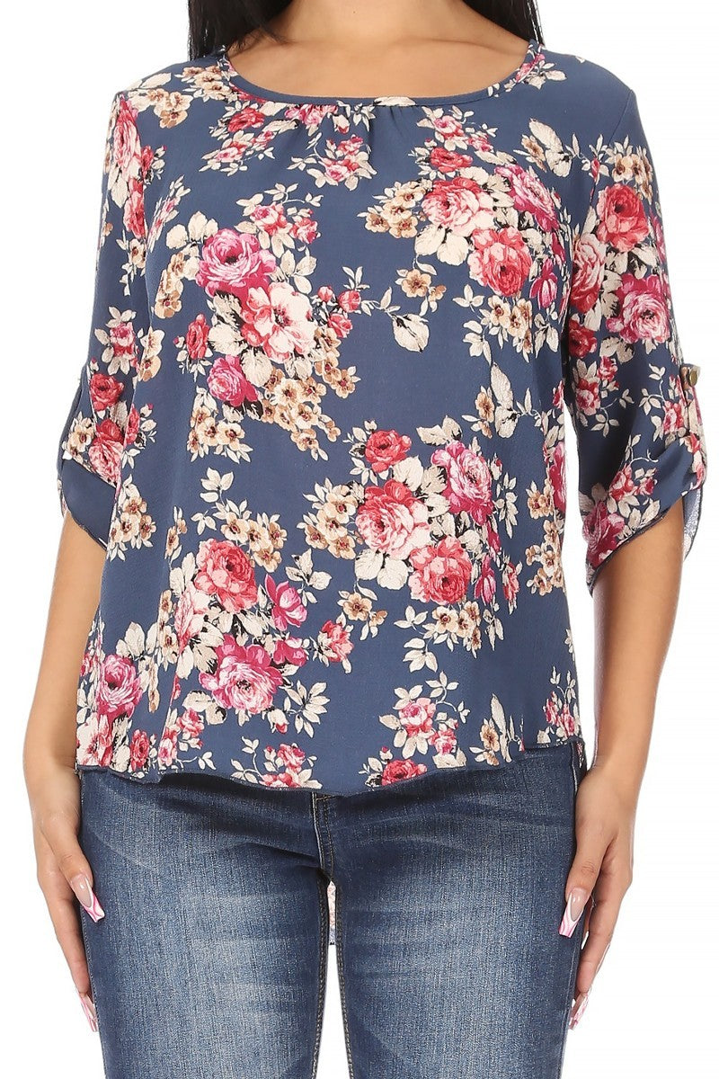Load image into Gallery viewer, MOATSHT13 - Ladies Slate Blue Floral Print, Round Neck Top
