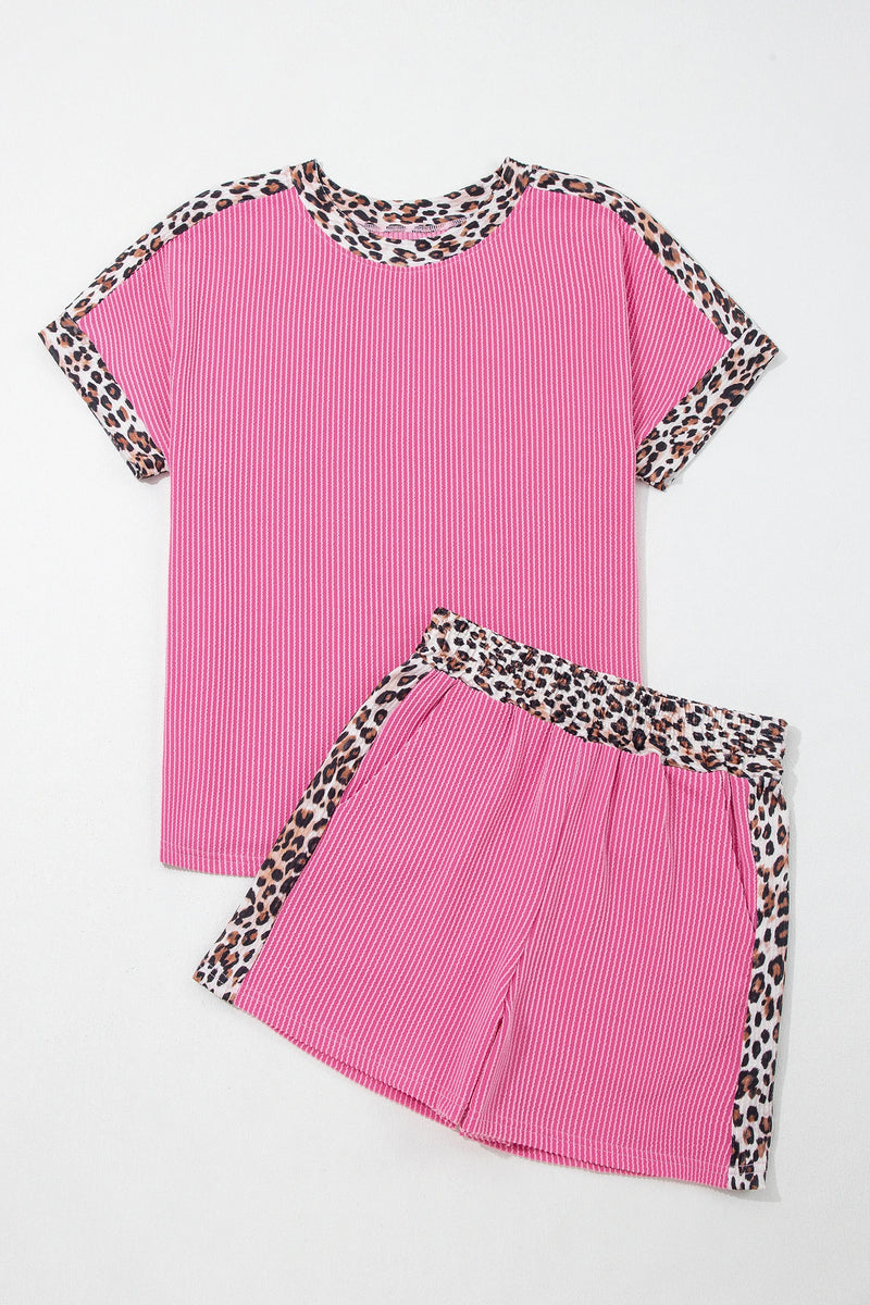 Load image into Gallery viewer, DLLS615 - Ladies Sachet Pink Leopard Trim Twist Ribbed Short Set
