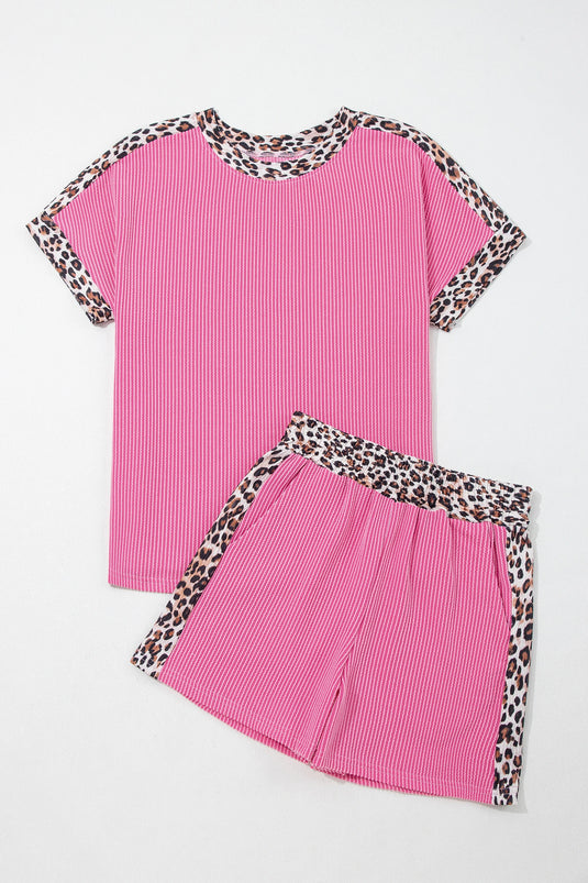 DLLS615 - Ladies Sachet Pink Leopard Trim Twist Ribbed Short Set