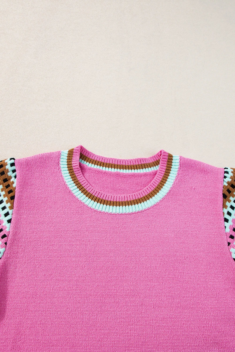 Load image into Gallery viewer, DLLS561 - Ladies Bright Pink Contrast Printed Cap Sleeves Crewneck Sweater
