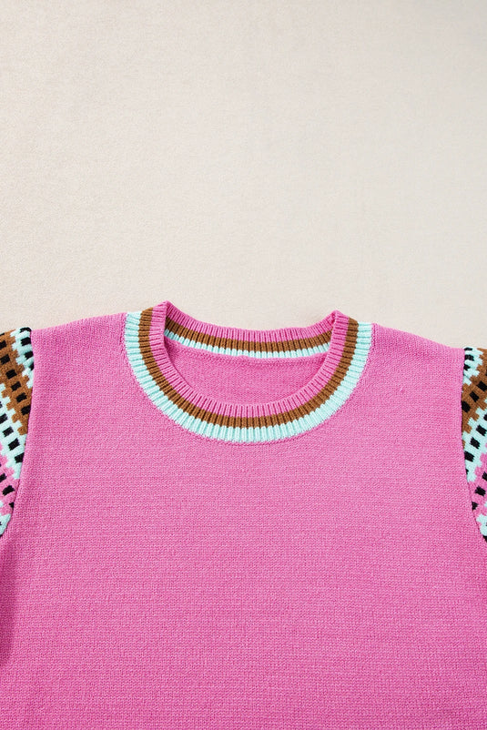 DLLS561 - Ladies Bright Pink Contrast Printed Cap Sleeves Crewneck Sweater
