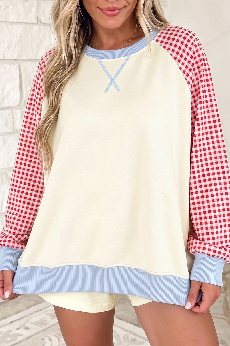 Load image into Gallery viewer, DLLS872 - Ladies Beige Plaid Sleeve Colorblock Raglan Pullover Sweatshirt
