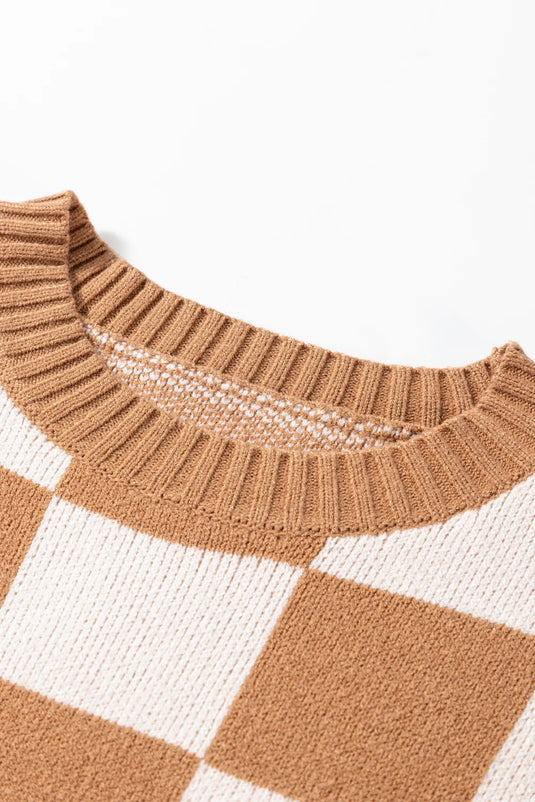 DLLS504 - Ladies Light Beige Colorblock Plaid Ribbed Trim Sweater Tank Top