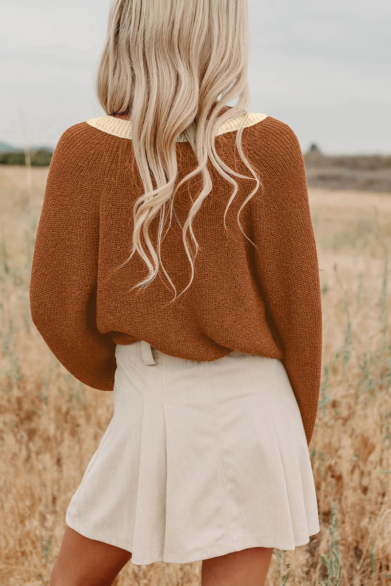 Load image into Gallery viewer, DLLS923 - Ladies Chestnut Contrast Knit V Neckline Short Cardigan
