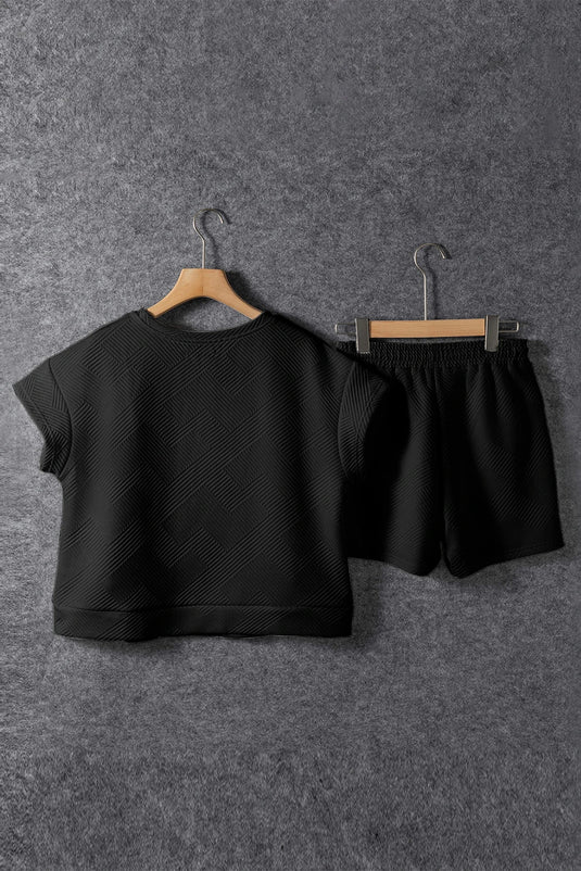 DLLS490 - Ladies Black Textured Short Sleeve Top and Shorts Set