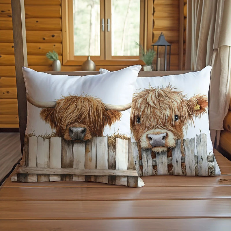 Load image into Gallery viewer, TMPLT6 - Set of 2 Highland Cow Printed Throw Pillows
