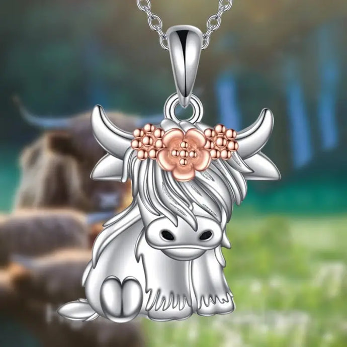 TMNK25 - Highland Cow Necklace With Floral Overlay