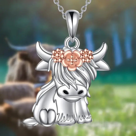 TMNK25 - Highland Cow Necklace With Floral Overlay