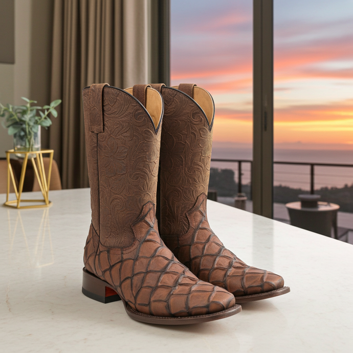 CP1709 - Cowboy Prayer Chocolate Pirarucu Print Cowboy Boots