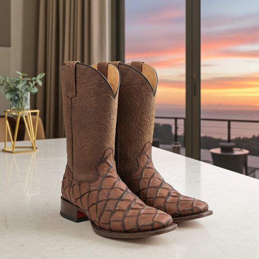 CP1709 - Cowboy Prayer Chocolate Pirarucu Print Cowboy Boots
