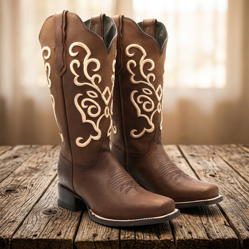 Load image into Gallery viewer, 2803 - RockinLeather Women's Gaucho Brown Western Boot w/Raised Embroidery
