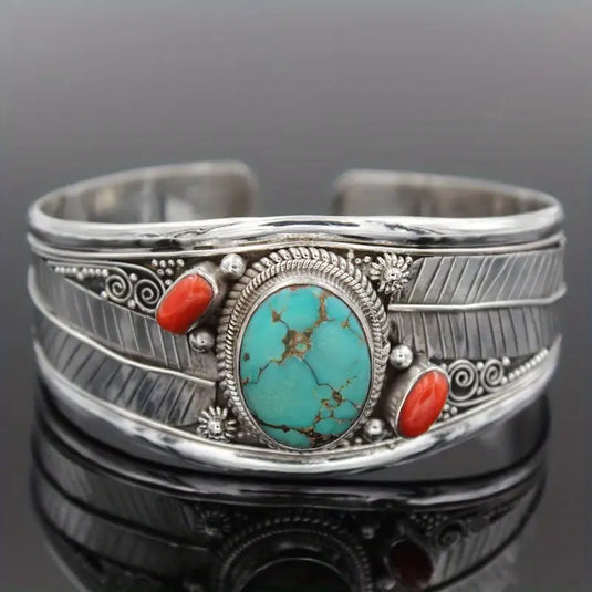 TMBC10 - Turquoise Carved Leaves Bangle Bracelet