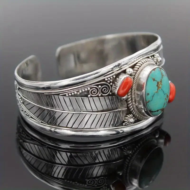 Load image into Gallery viewer, TMBC10 - Turquoise Carved Leaves Bangle Bracelet
