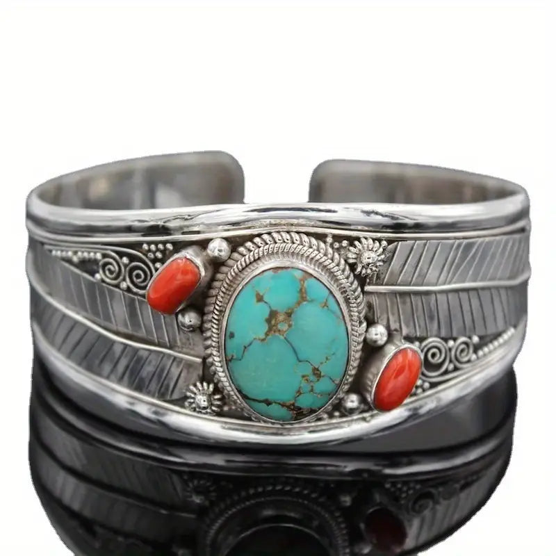 Load image into Gallery viewer, TMBC10 - Turquoise Carved Leaves Bangle Bracelet
