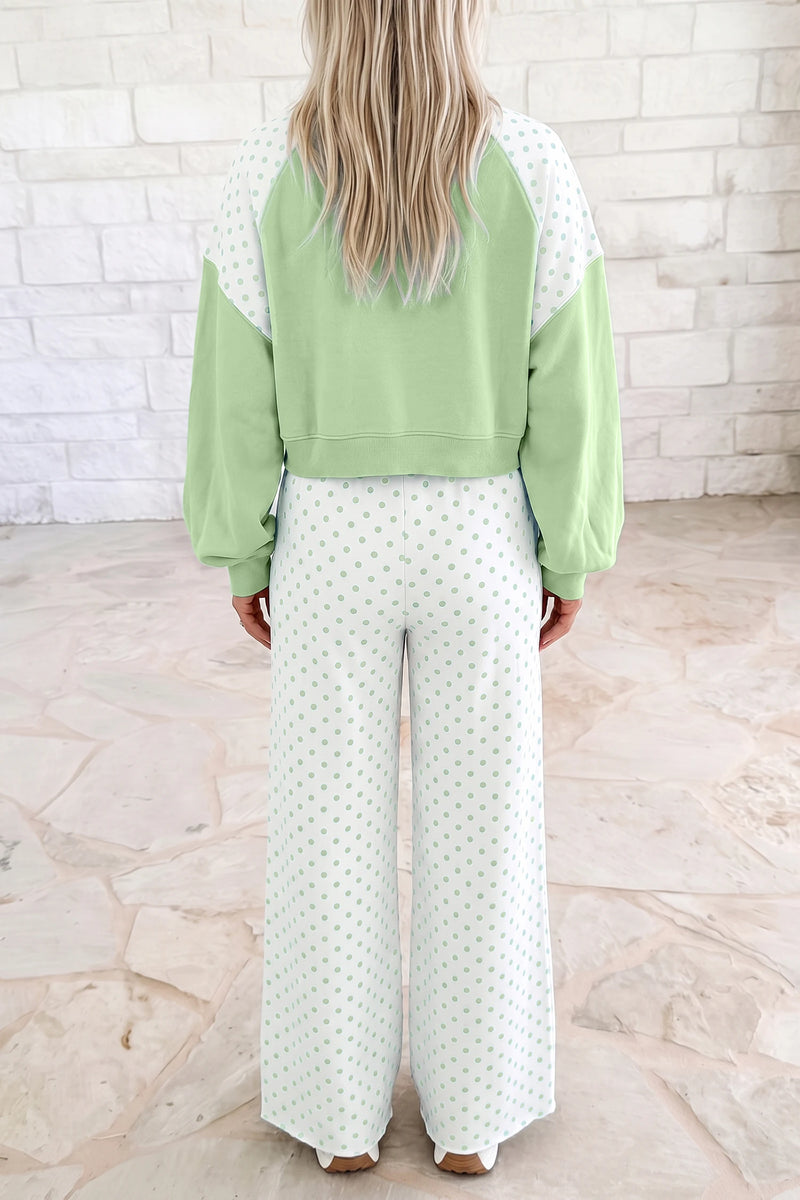 Load image into Gallery viewer, DLLS1088 - Ladies Green Polka Dot Patchwork Colorblock Long Sleeve Casual Two Piece Pants Set
