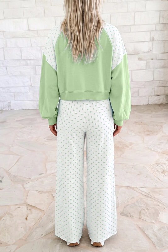 DLLS1088 - Ladies Green Polka Dot Patchwork Colorblock Long Sleeve Casual Two Piece Pants Set