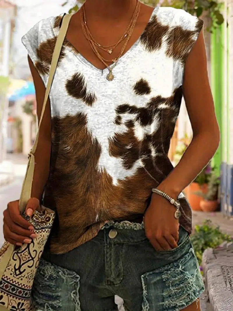Load image into Gallery viewer, TMTSHT40 - Women&#39;s Sleeveless Cowprint V Neck Tank Top
