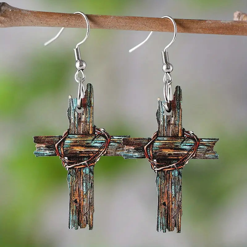 Load image into Gallery viewer, TMER1 - Rustic Western Weathered Cross Pendant Earrings
