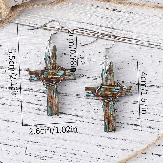 TMER1 - Rustic Western Weathered Cross Pendant Earrings