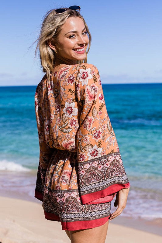 Load image into Gallery viewer, TIM9 - Ladies Orange Combo Boho Floral Print Summer Romper
