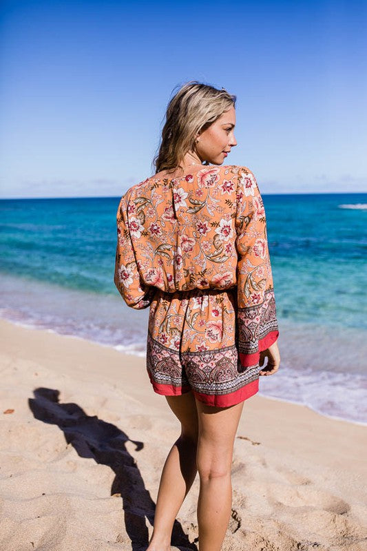 TIM9 - Ladies Orange Combo Boho Floral Print Summer Romper