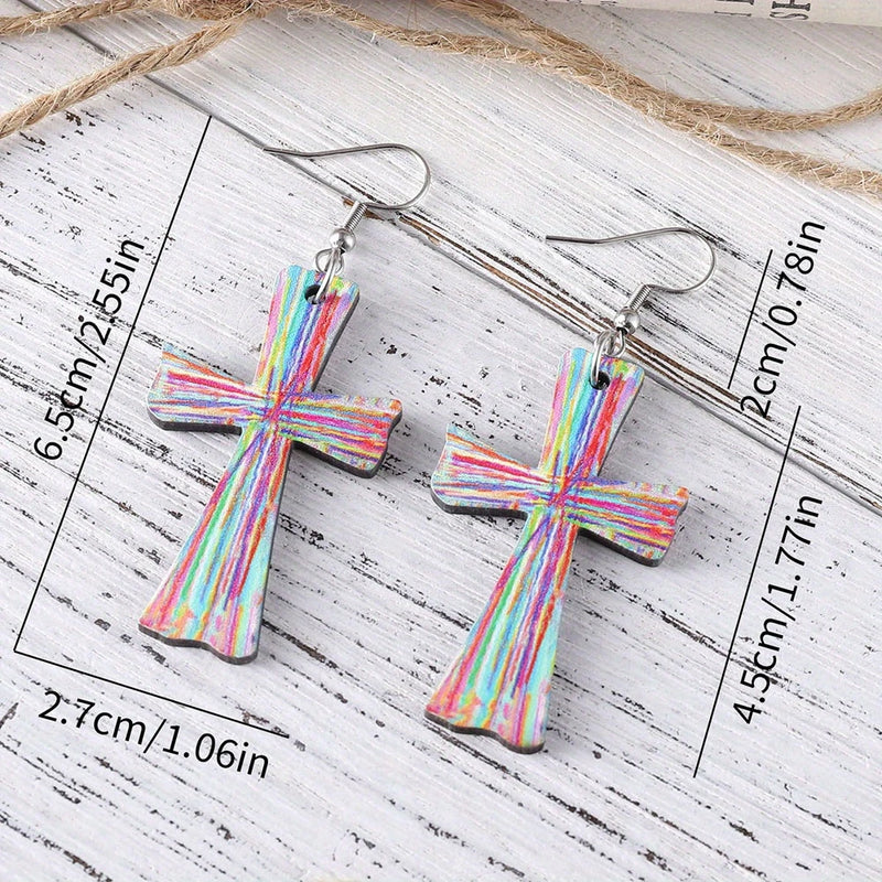 Load image into Gallery viewer, TMER44 - Colorful Wooden Cross Earrings
