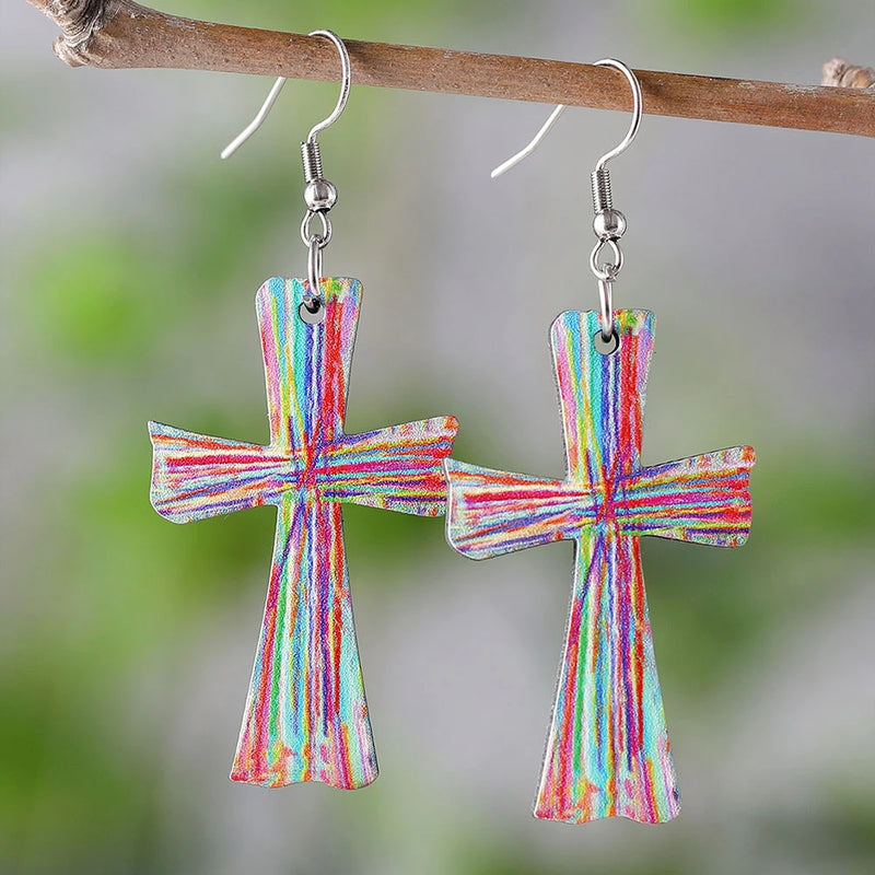Load image into Gallery viewer, TMER44 - Colorful Wooden Cross Earrings
