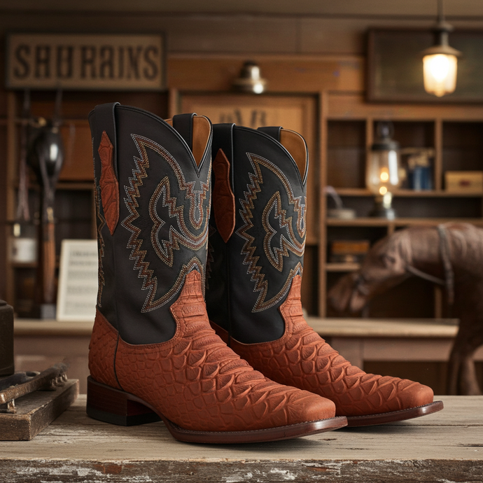 CP1704 - Cowboy Prayer Hand Crafted Rust Brown Python Print Cowboy Boot