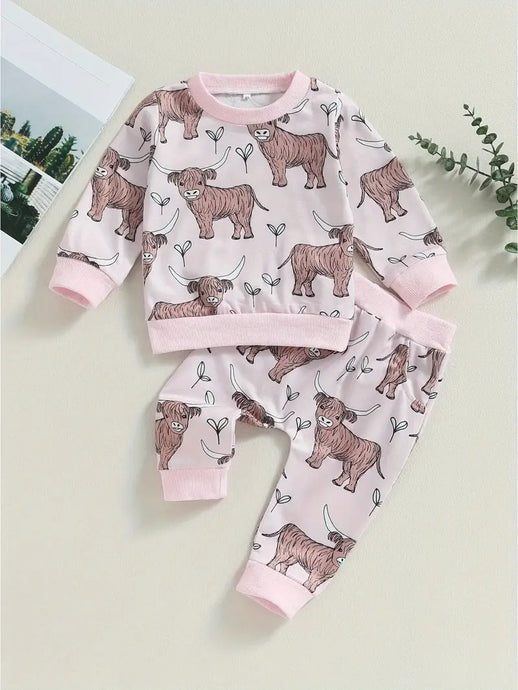 TMCHD39 - Toddler Girls 2 Piece Cow Print Sweatshirt & Pants