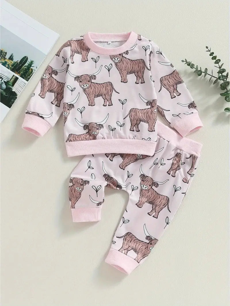 Load image into Gallery viewer, TMCHD39 - Toddler Girls 2 Piece Cow Print Sweatshirt &amp; Pants
