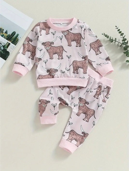 TMCHD39 - Toddler Girls 2 Piece Cow Print Sweatshirt & Pants
