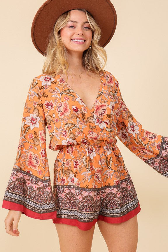 Load image into Gallery viewer, TIM9 - Ladies Orange Combo Boho Floral Print Summer Romper
