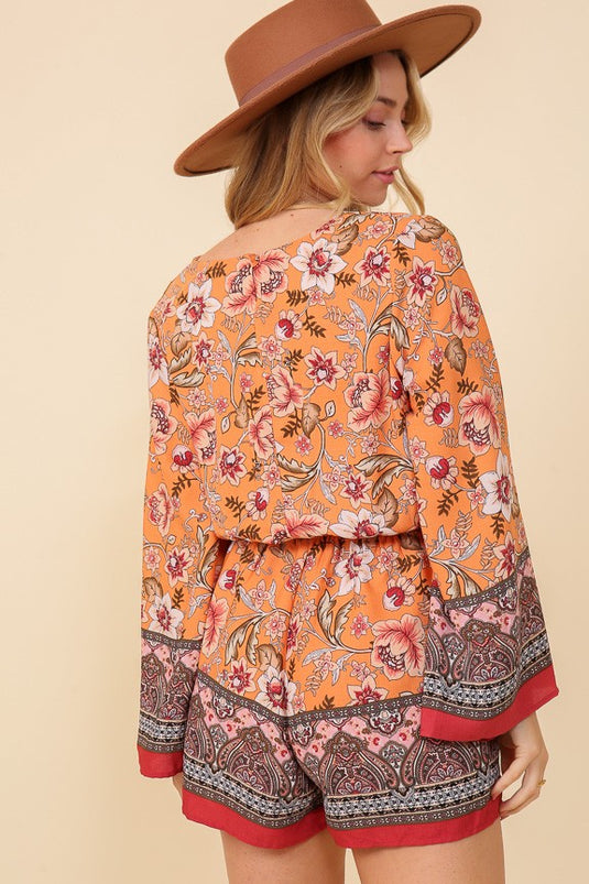 TIM9 - Ladies Orange Combo Boho Floral Print Summer Romper
