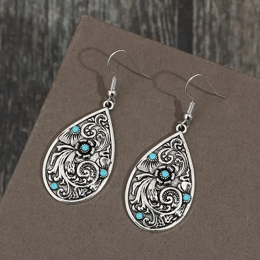 TMER74 - Carved Waterdrop Earrings with Stones