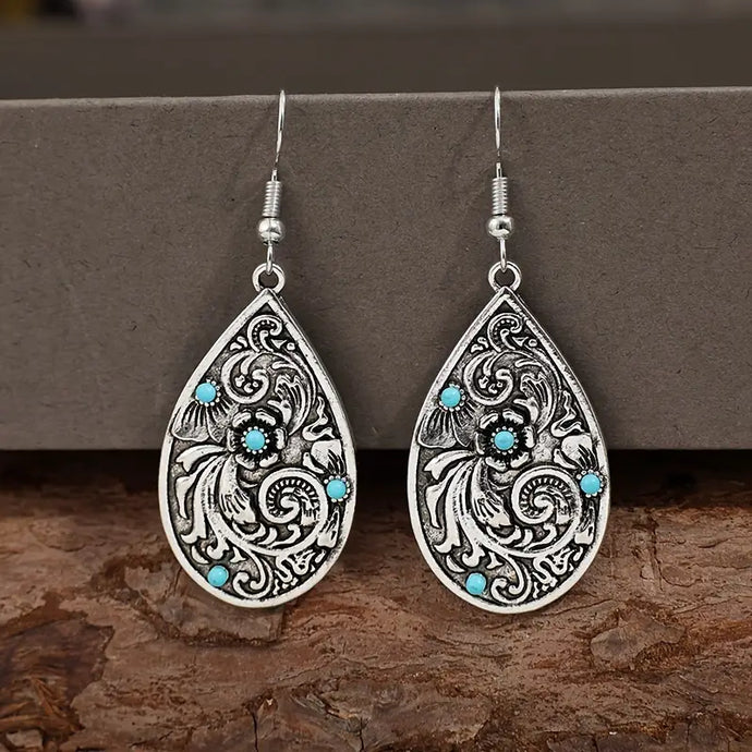 TMER74 - Carved Waterdrop Earrings with Stones